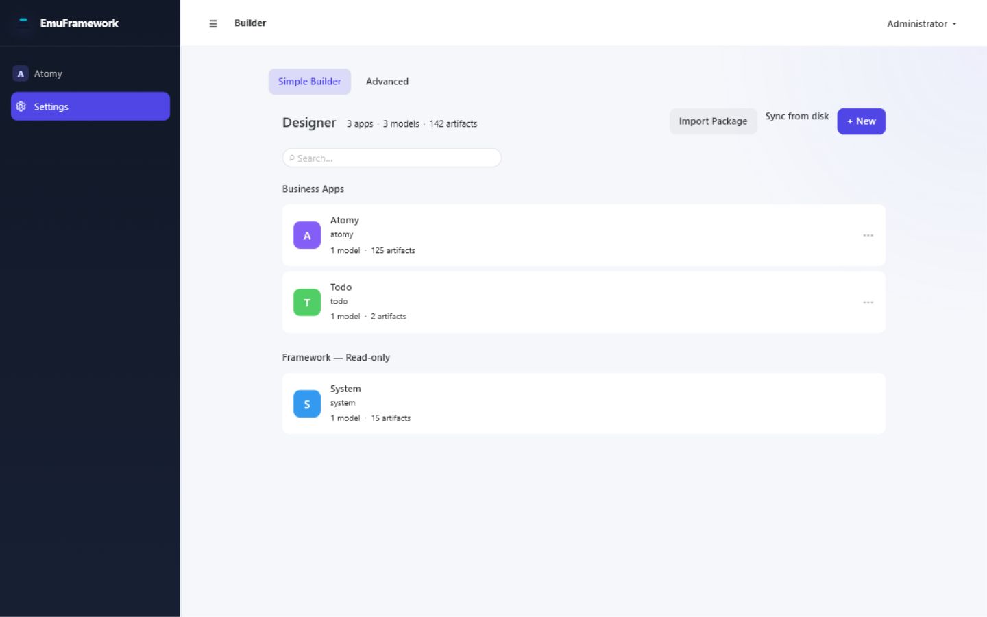 Advanced Designer showing business apps and metadata artifacts