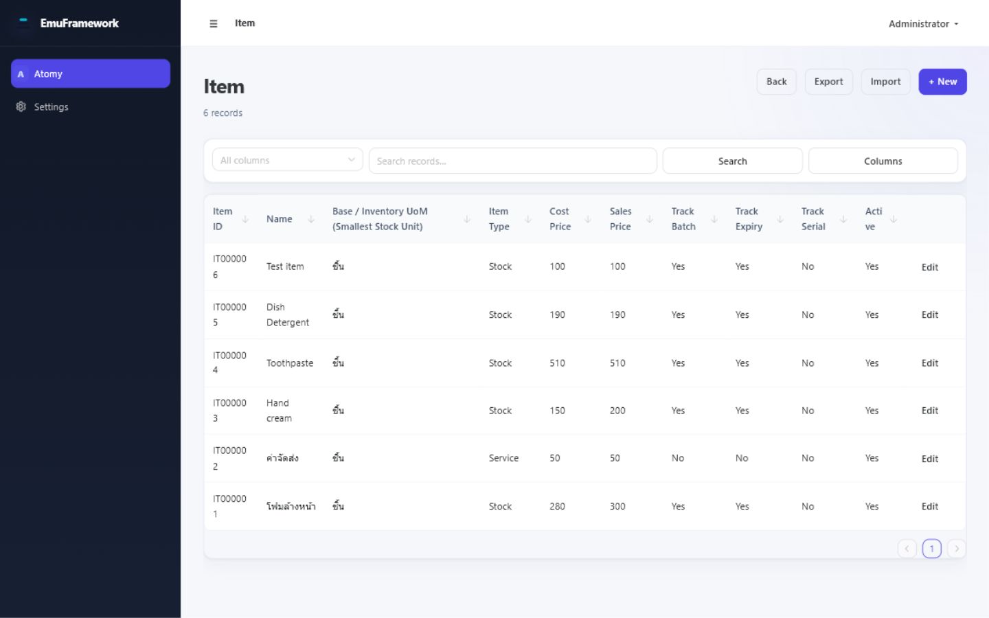 Generated Item list with search, import, export, and configurable columns